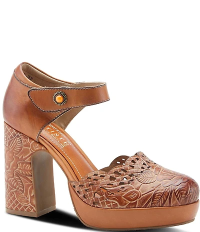 L'ARTISTE Debbihary Rose Embossed Cut Out Leather Block Heel Platform Mary Janes