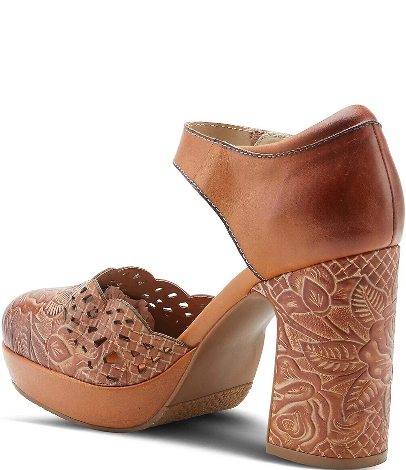 L'ARTISTE Debbihary Rose Embossed Cut Out Leather Block Heel Platform Mary Janes