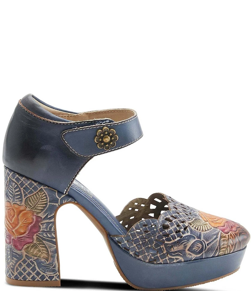 L'ARTISTE Debbihary Rose Embossed Cut Out Leather Block Heel Platform Mary Janes