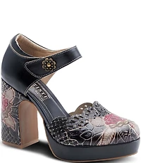 L'ARTISTE Debbihary Rose Embossed Cut Out Leather Block Heel Platform Mary Janes