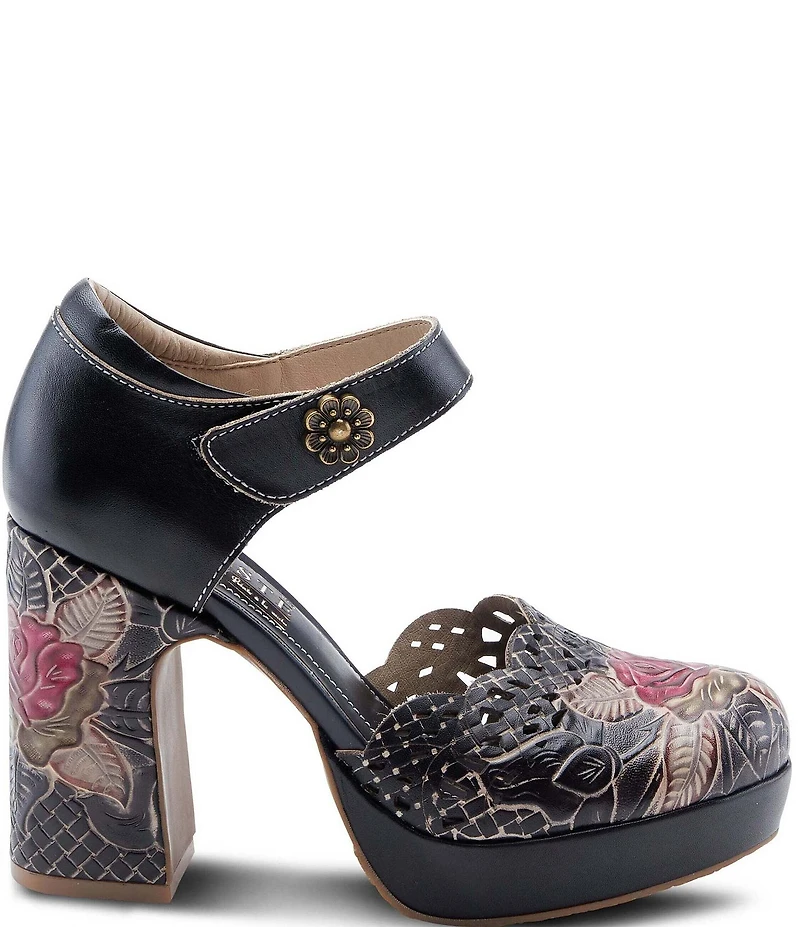 L'ARTISTE Debbihary Rose Embossed Cut Out Leather Block Heel Platform Mary Janes