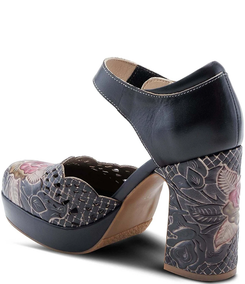 L'ARTISTE Debbihary Rose Embossed Cut Out Leather Block Heel Platform Mary Janes