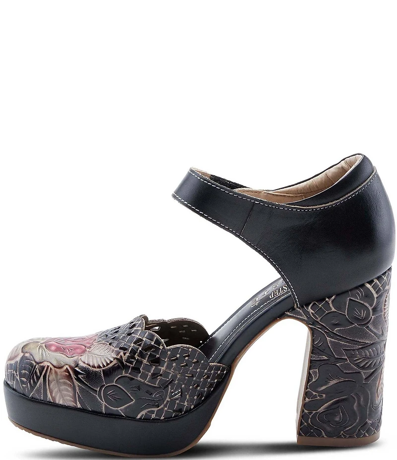 L'ARTISTE Debbihary Rose Embossed Cut Out Leather Block Heel Platform Mary Janes