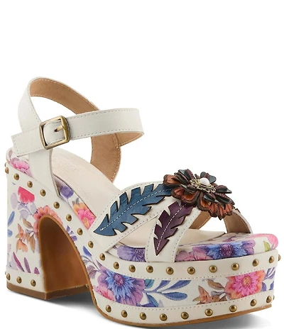 L'ARTISTE Deckedout Floral Leather Platform Block Heel Sandals