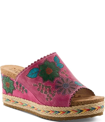 L'ARTISTE Delraybeach Hand-Painted Floral Pindot Leather Platform Wedge Slide Sandals