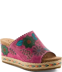 L'ARTISTE Delraybeach Hand-Painted Floral Pindot Leather Platform Wedge Slide Sandals