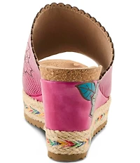 L'ARTISTE Delraybeach Hand-Painted Floral Pindot Leather Platform Wedge Slide Sandals