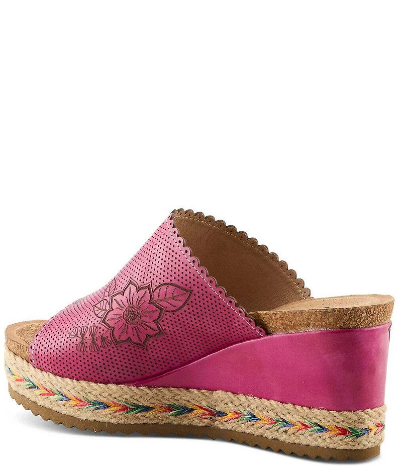 L'ARTISTE Delraybeach Hand-Painted Floral Pindot Leather Platform Wedge Slide Sandals