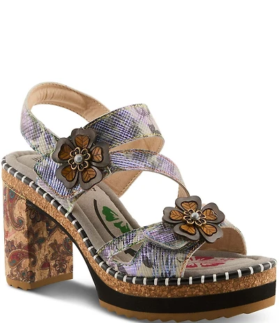 L'ARTISTE Escapartist Hand-Painted Leather Appliqued Platform Block Heel Sandals