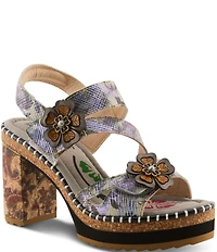 L'ARTISTE Escapartist Hand-Painted Leather Appliqued Platform Block Heel Sandals
