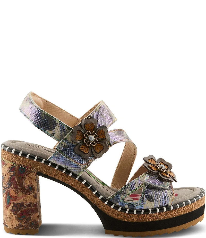L'ARTISTE Escapartist Hand-Painted Leather Appliqued Platform Block Heel Sandals