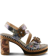 L'ARTISTE Escapartist Hand-Painted Leather Appliqued Platform Block Heel Sandals