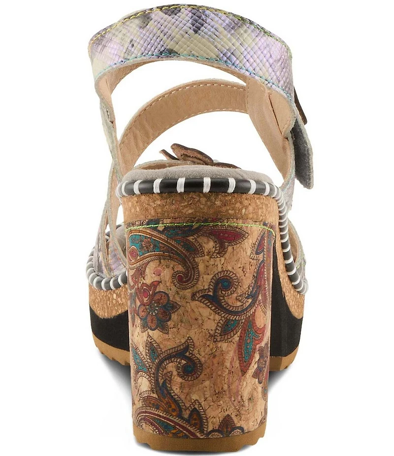 L'ARTISTE Escapartist Hand-Painted Leather Appliqued Platform Block Heel Sandals