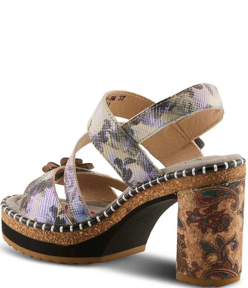 L'ARTISTE Escapartist Hand-Painted Leather Appliqued Platform Block Heel Sandals