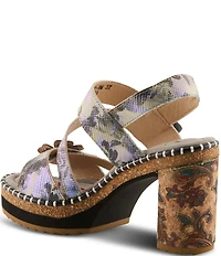 L'ARTISTE Escapartist Hand-Painted Leather Appliqued Platform Block Heel Sandals