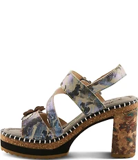 L'ARTISTE Escapartist Hand-Painted Leather Appliqued Platform Block Heel Sandals