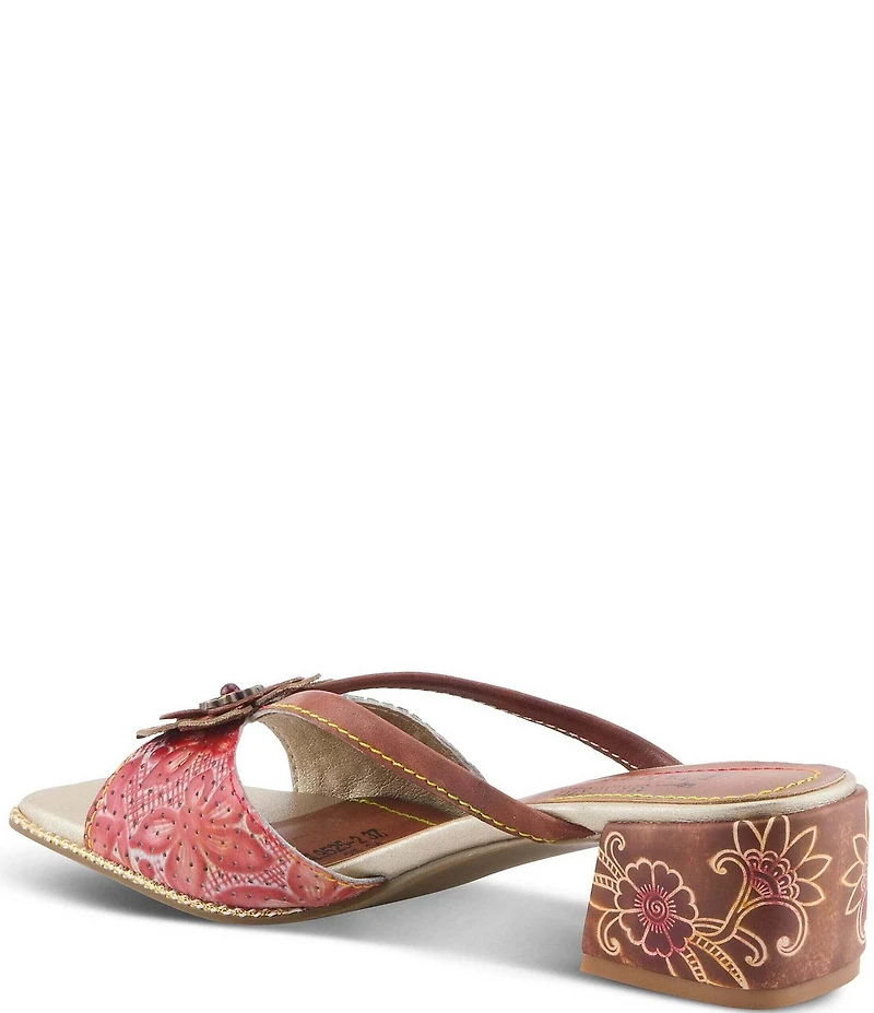 L'ARTISTE Europa Embossed Pindot Leather Flower Ornament Slide Sandals