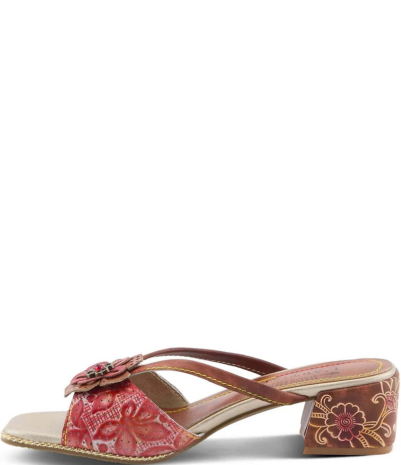 L'ARTISTE Europa Embossed Pindot Leather Flower Ornament Slide Sandals