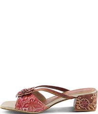 L'ARTISTE Europa Embossed Pindot Leather Flower Ornament Slide Sandals