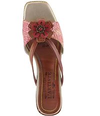 L'ARTISTE Europa Embossed Pindot Leather Flower Ornament Slide Sandals