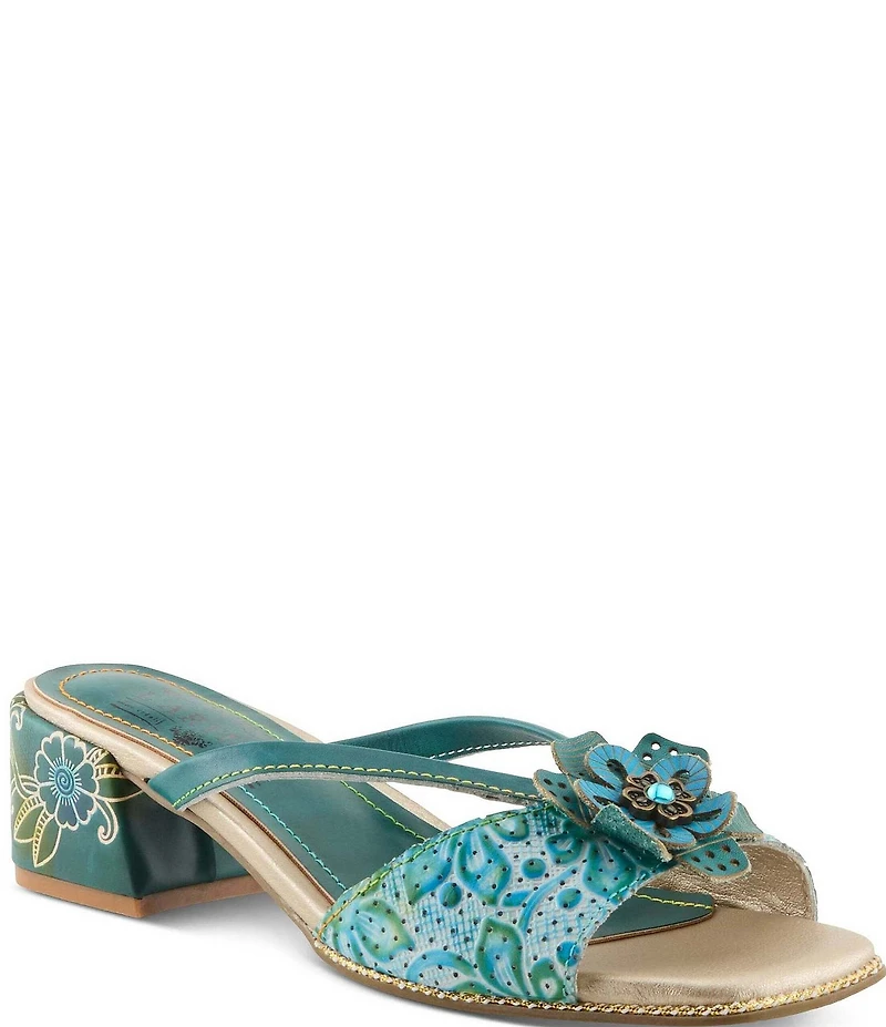 L'ARTISTE Europa Embossed Pindot Leather Flower Ornament Slide Sandals
