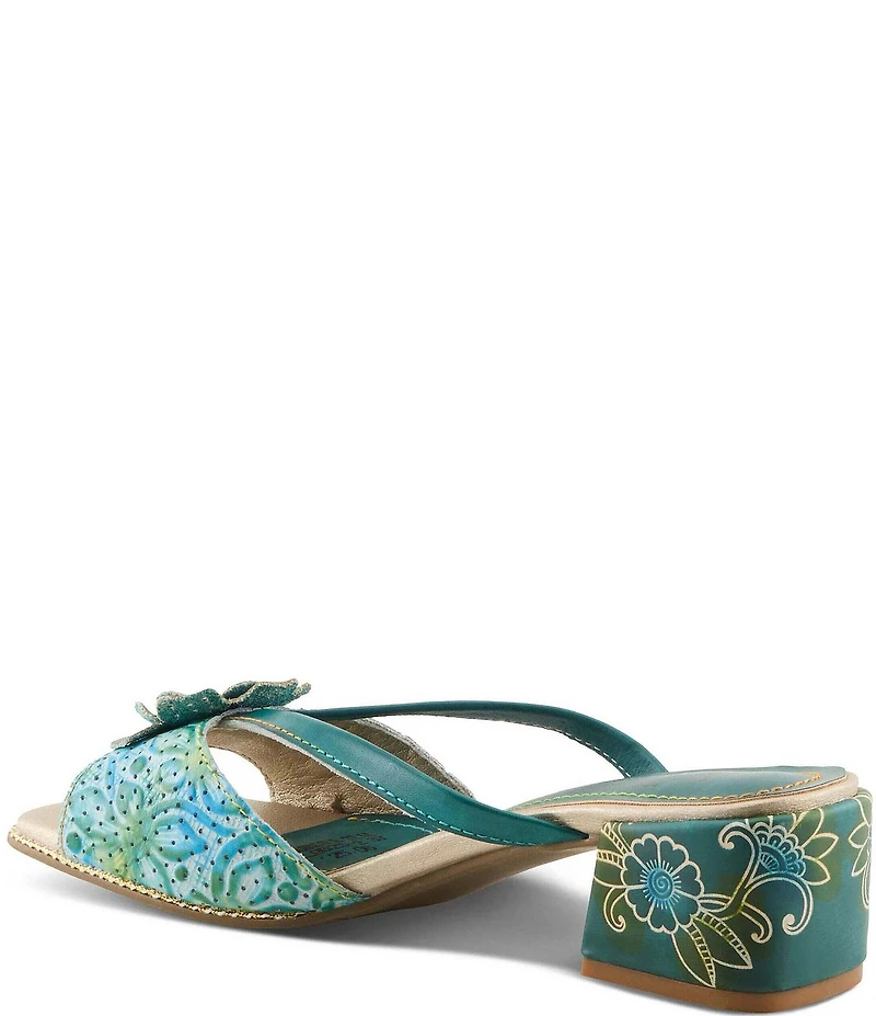 L'ARTISTE Europa Embossed Pindot Leather Flower Ornament Slide Sandals
