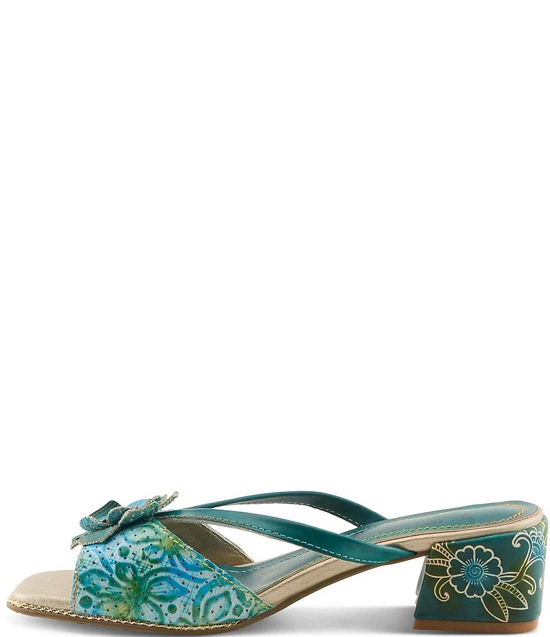 L'ARTISTE Europa Embossed Pindot Leather Flower Ornament Slide Sandals