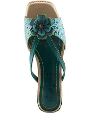 L'ARTISTE Europa Embossed Pindot Leather Flower Ornament Slide Sandals