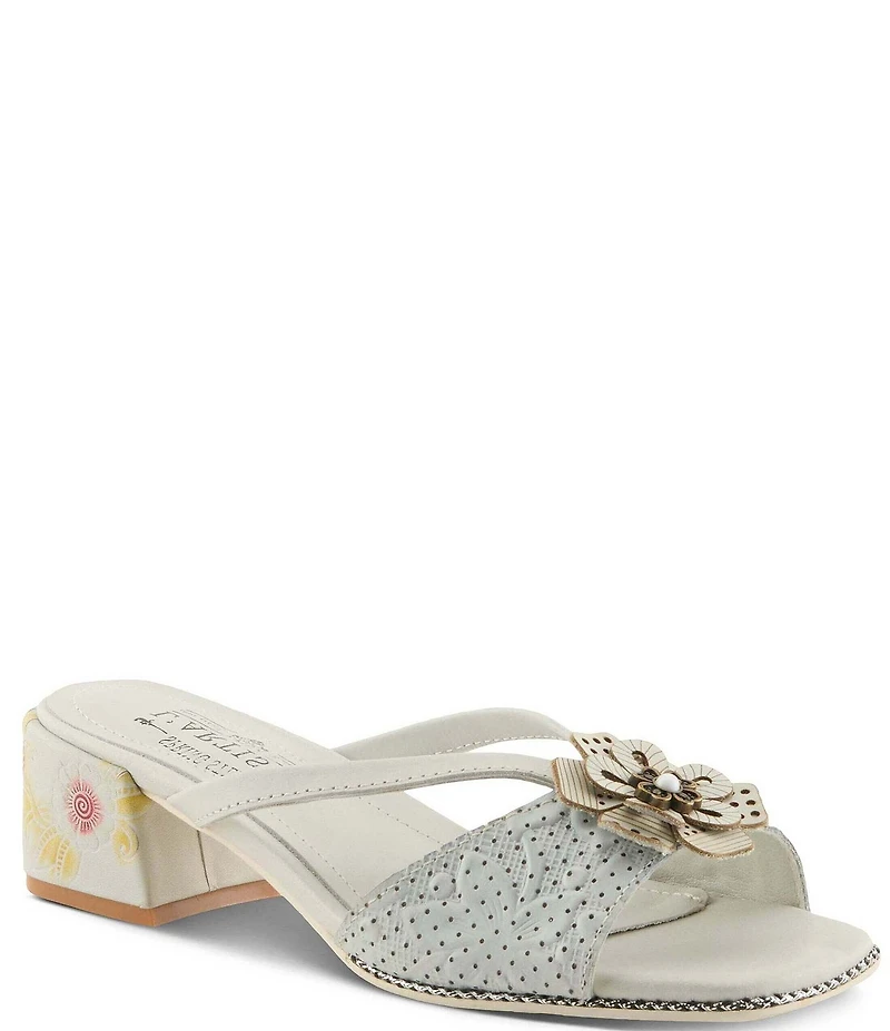 L'ARTISTE Europa Embossed Pindot Leather Flower Ornament Slide Sandals