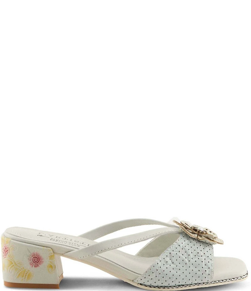 L'ARTISTE Europa Embossed Pindot Leather Flower Ornament Slide Sandals