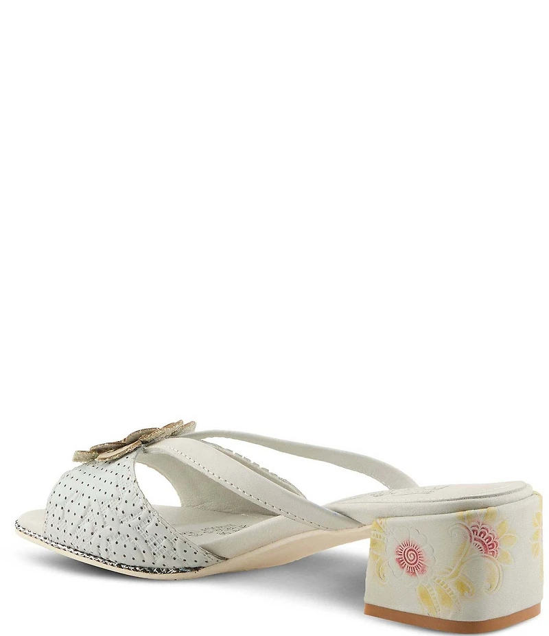 L'ARTISTE Europa Embossed Pindot Leather Flower Ornament Slide Sandals