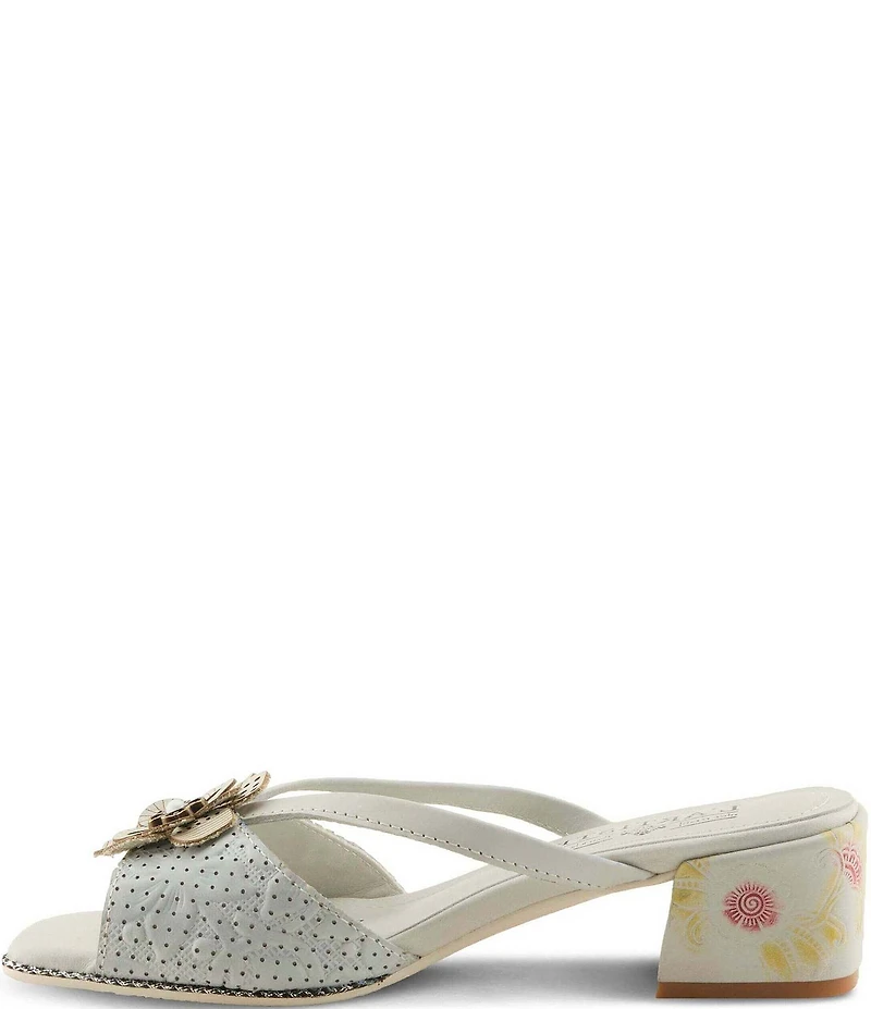 L'ARTISTE Europa Embossed Pindot Leather Flower Ornament Slide Sandals