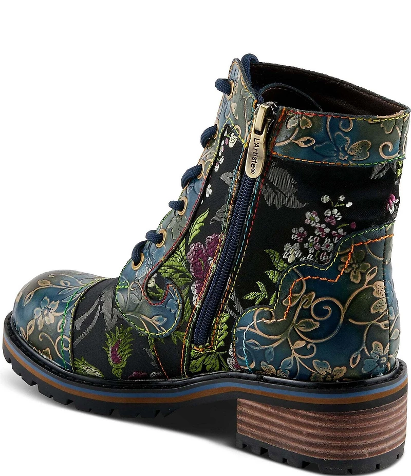 L'ARTISTE Fantastic Embroidered and Embossed Floral Combat Booties