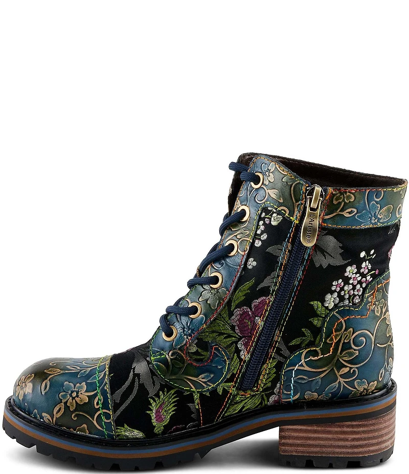 L'ARTISTE Fantastic Embroidered and Embossed Floral Combat Booties