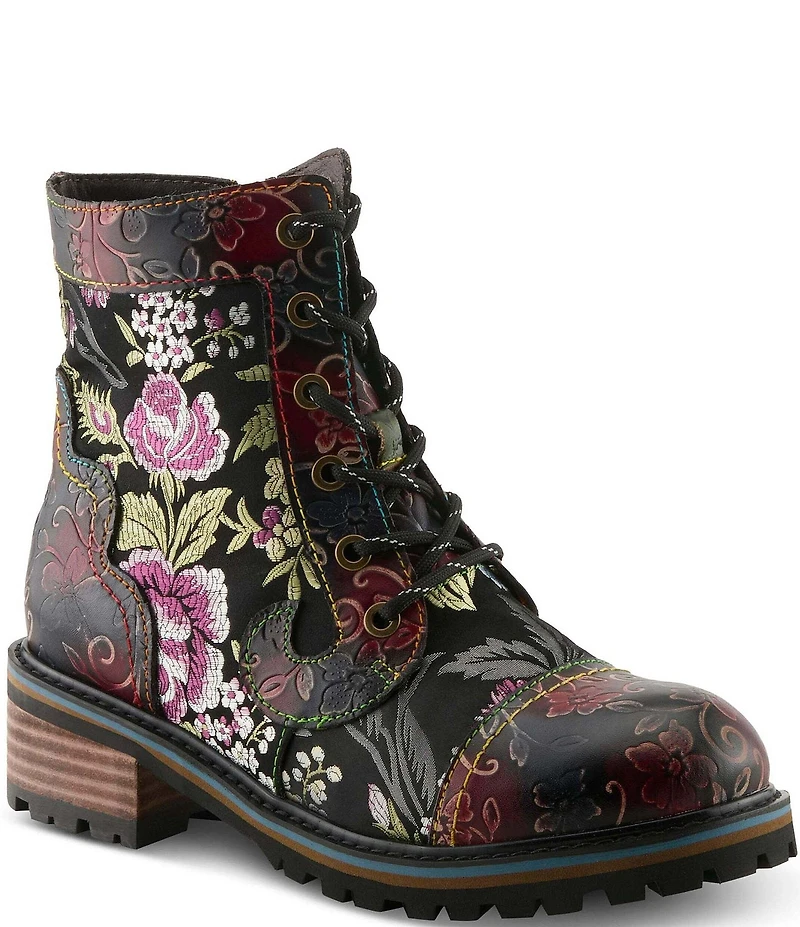 L'ARTISTE Fantastic Embroidered and Embossed Floral Combat Booties