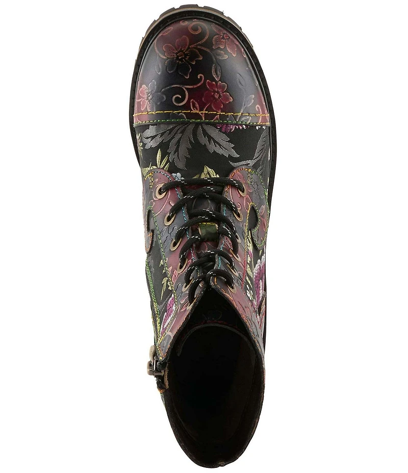 L'ARTISTE Fantastic Embroidered and Embossed Floral Combat Booties