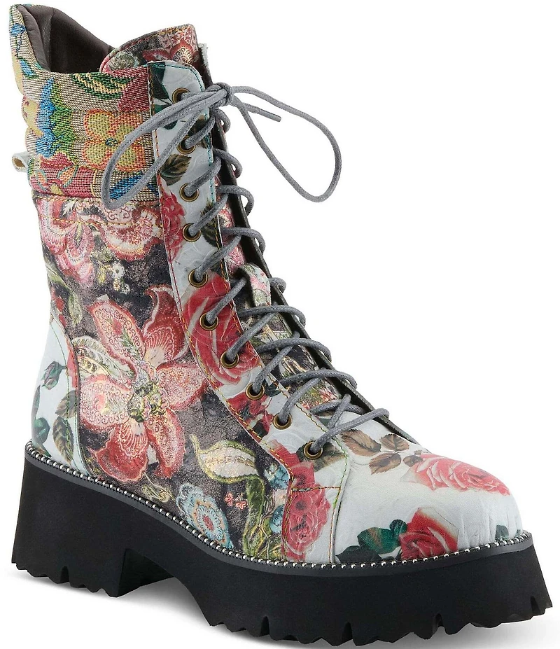 L'ARTISTE Ferociti Floral Printed Leather Lace Up Combat Boots