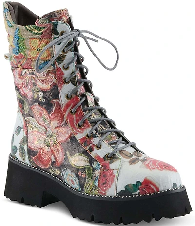 L'ARTISTE Ferociti Floral Printed Leather Lace Up Combat Boots