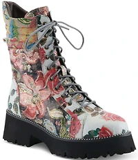 L'ARTISTE Ferociti Floral Printed Leather Lace Up Combat Boots