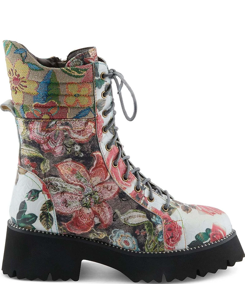 L'ARTISTE Ferociti Floral Printed Leather Lace Up Combat Boots