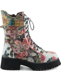 L'ARTISTE Ferociti Floral Printed Leather Lace Up Combat Boots
