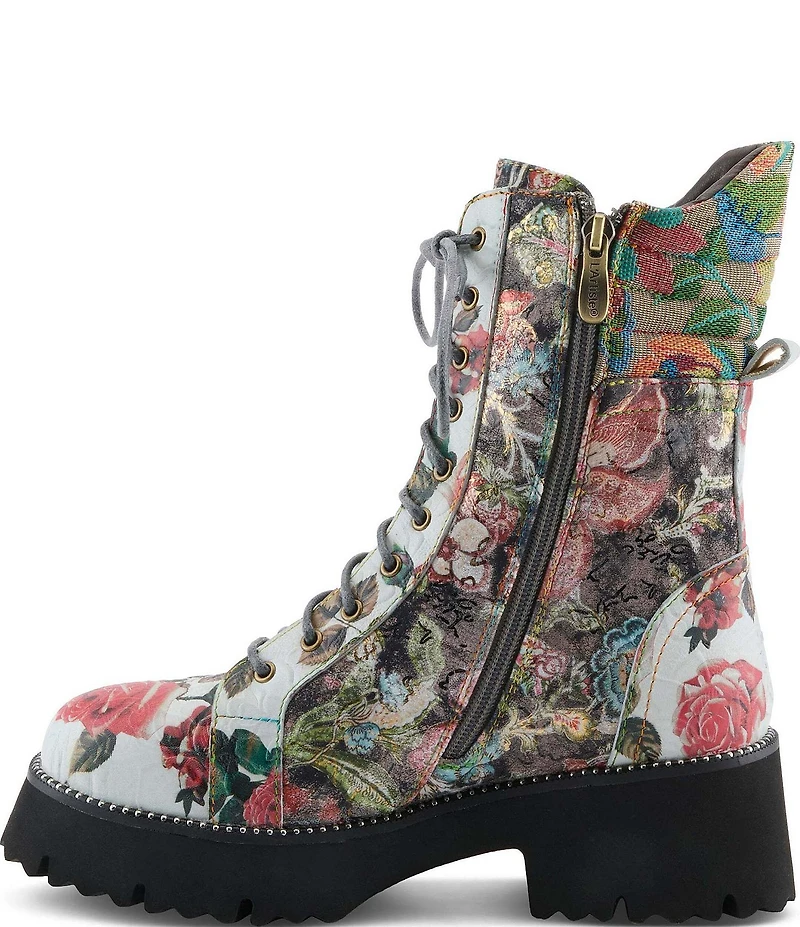 L'ARTISTE Ferociti Floral Printed Leather Lace Up Combat Boots