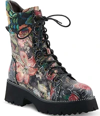 L'ARTISTE Ferociti Floral Printed Leather Lace Up Combat Boots