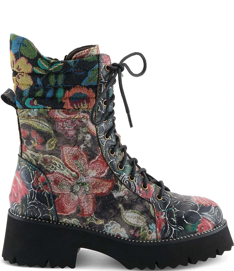 L'ARTISTE Ferociti Floral Printed Leather Lace Up Combat Boots