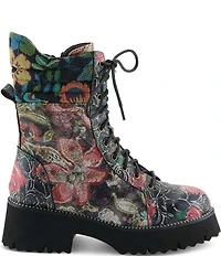 L'ARTISTE Ferociti Floral Printed Leather Lace Up Combat Boots