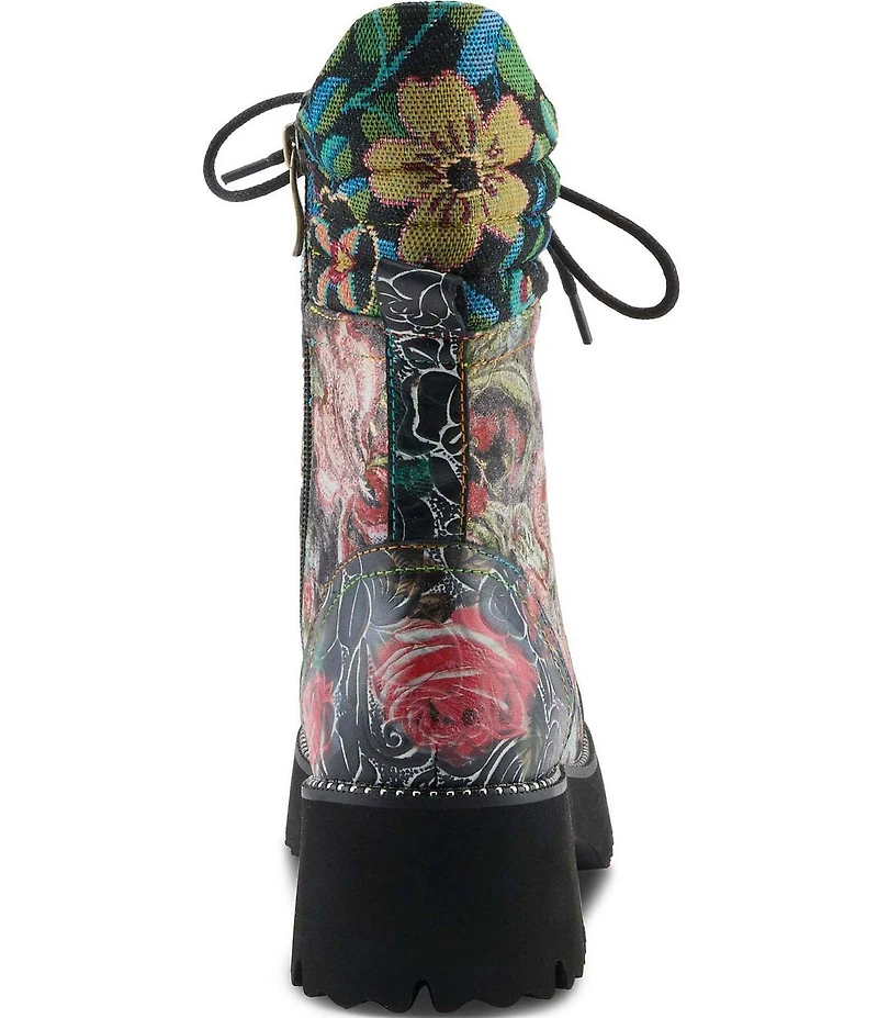 L'ARTISTE Ferociti Floral Printed Leather Lace Up Combat Boots