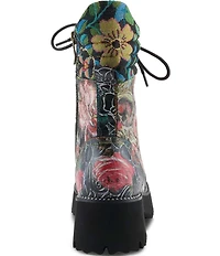 L'ARTISTE Ferociti Floral Printed Leather Lace Up Combat Boots