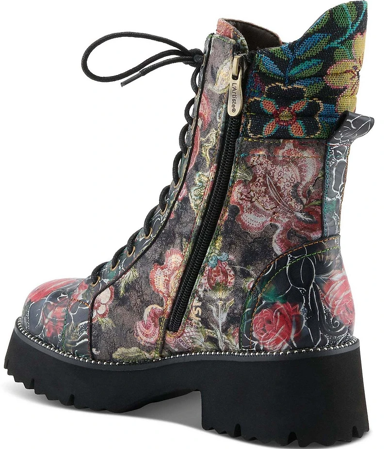 L'ARTISTE Ferociti Floral Printed Leather Lace Up Combat Boots