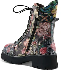 L'ARTISTE Ferociti Floral Printed Leather Lace Up Combat Boots