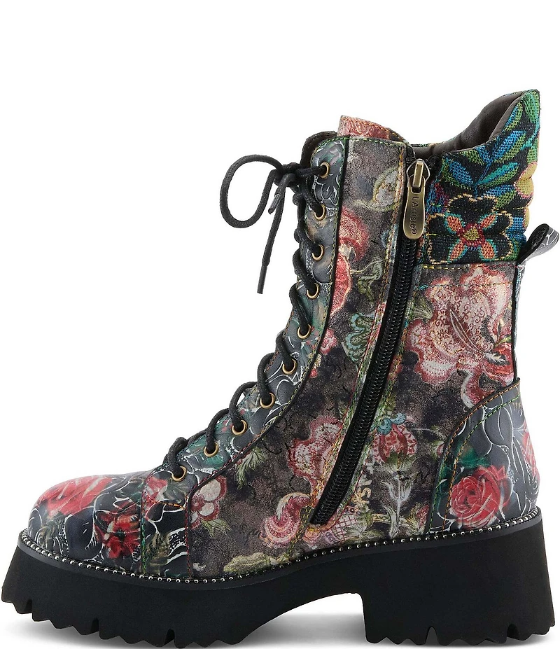 L'ARTISTE Ferociti Floral Printed Leather Lace Up Combat Boots